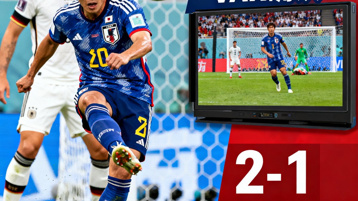 日本对阵德国集锦封面，三笘薰在禁区内抽射绝杀，比分2-1，包含VAR确认画面。