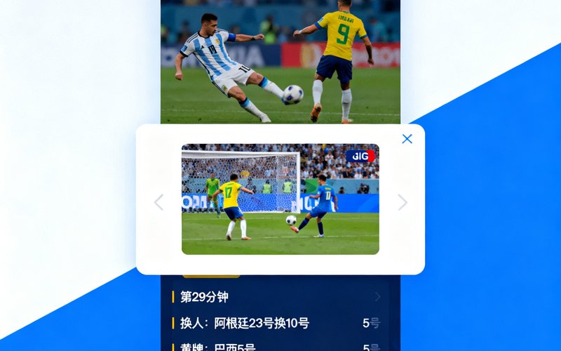 世界杯闪电比分界面，显示阿根廷2-1巴西，第89分钟进球动画弹窗，包含射门回放GIF，换人和黄牌信息。